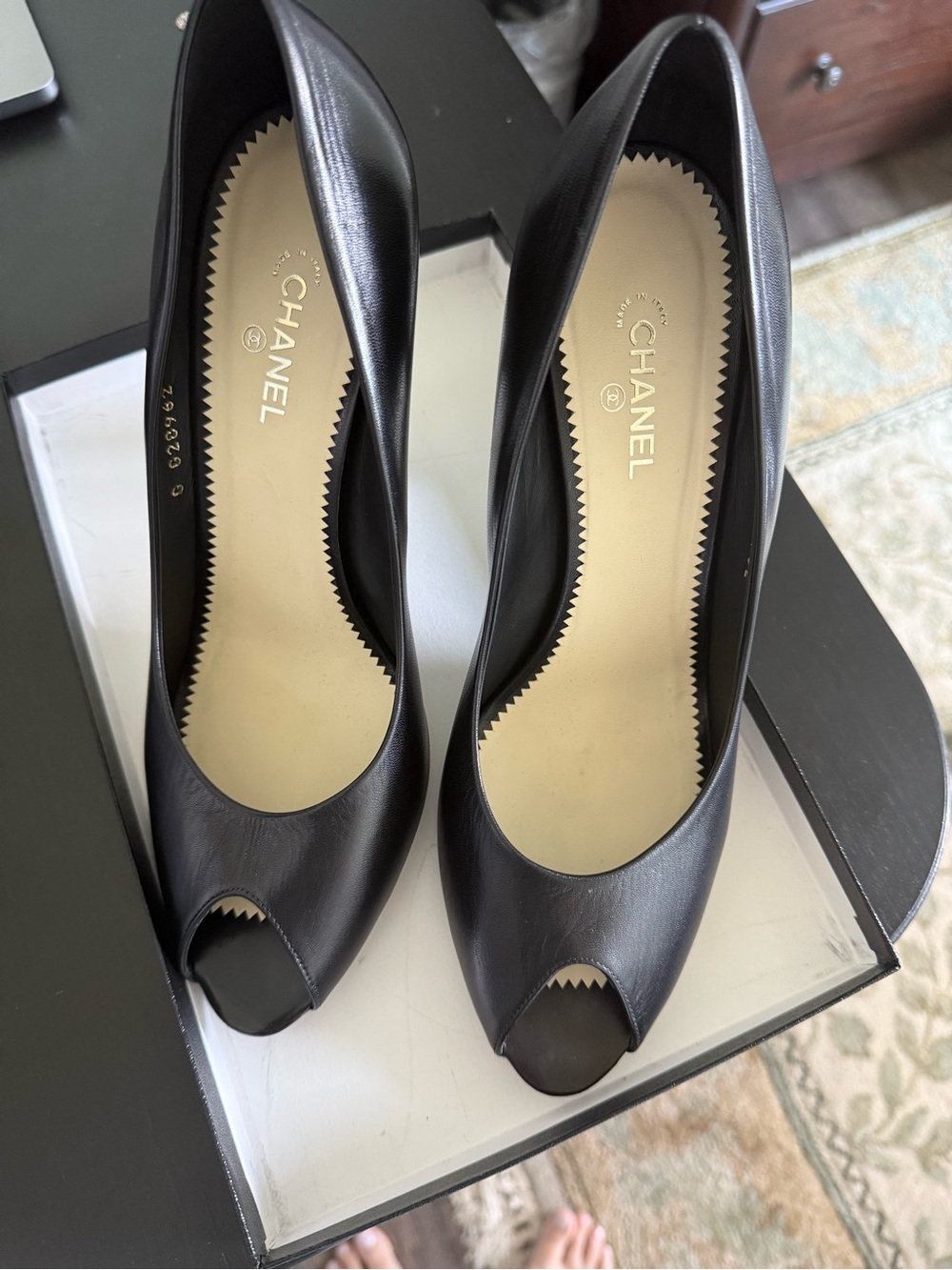 CHANEL Black Leather Peep-Toe Pumps